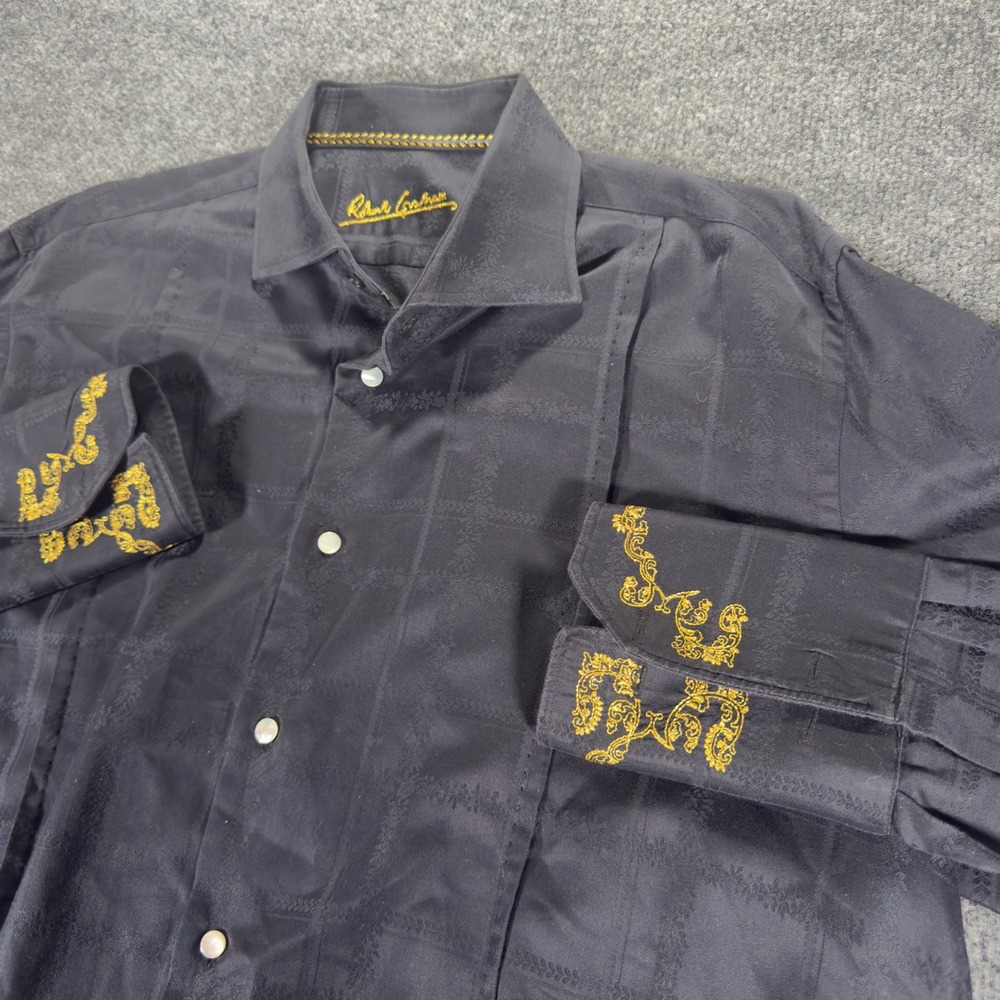 Robert Graham Shirt Mens XL Black Gold Embroidered Cuffs Jacquard Damask Cotton